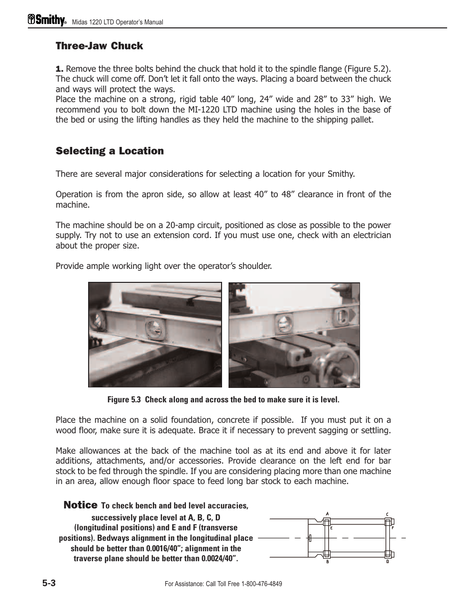 Three-jaw chuck, Selecting a location, Notice | Smithy Midas 1220 LTD User Manual | Page 22 / 105