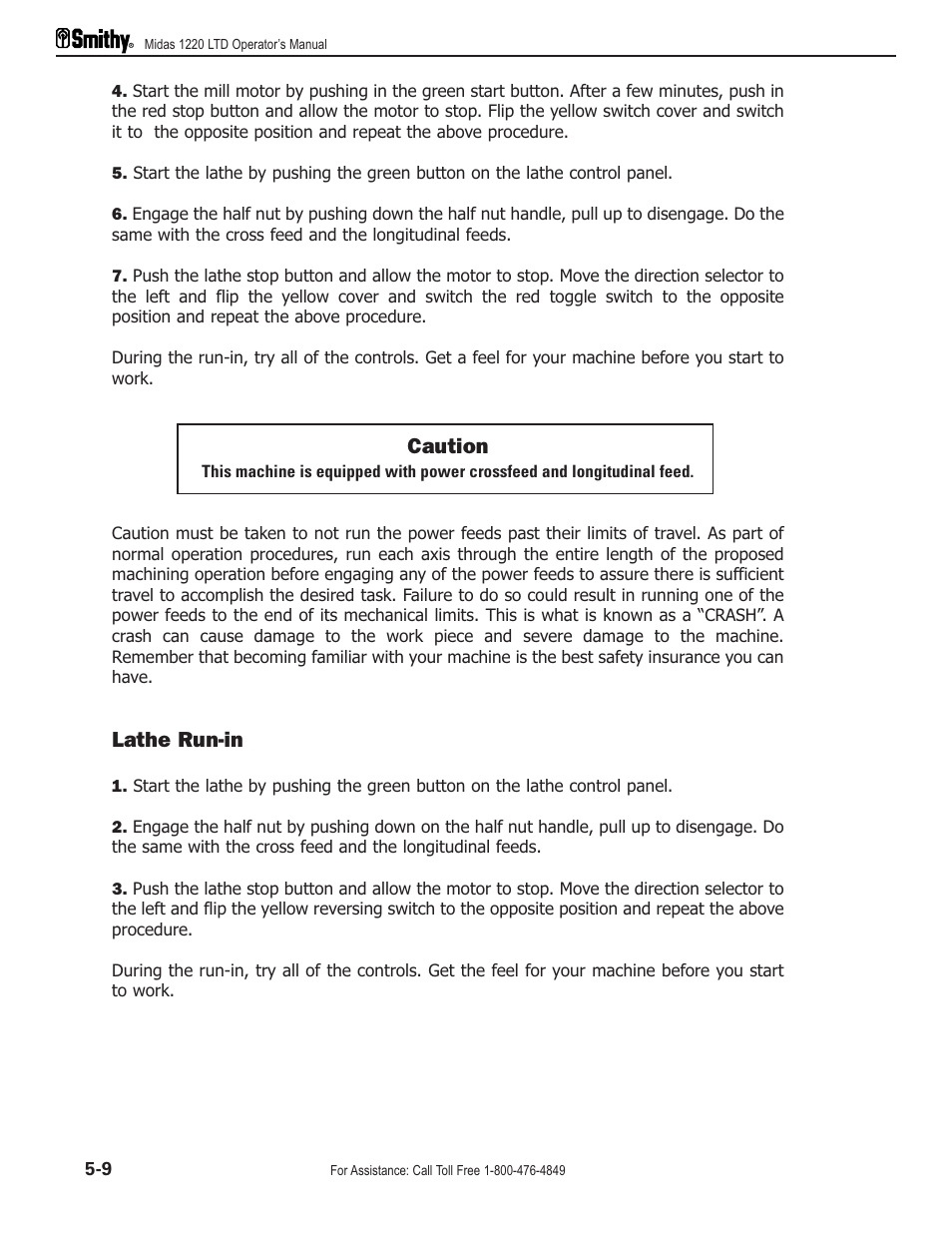 Caution, Lathe run-in | Smithy Midas 1220 LTD User Manual | Page 28 / 105