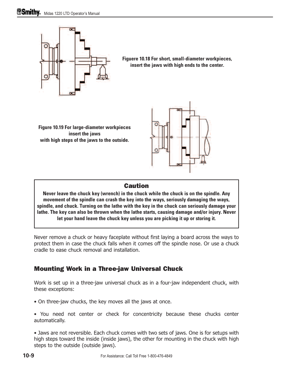 Caution, Mounting work in a three-jaw universal chuck | Smithy Midas 1220 LTD User Manual | Page 52 / 105