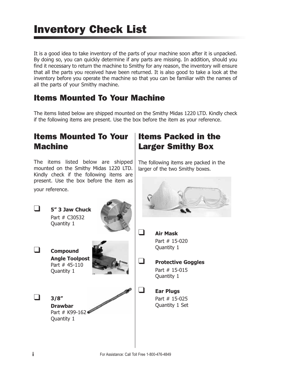 Inventory check list, Items mounted to your machine, Items packed in the larger smithy box | Smithy Midas 1220 LTD User Manual | Page 8 / 105
