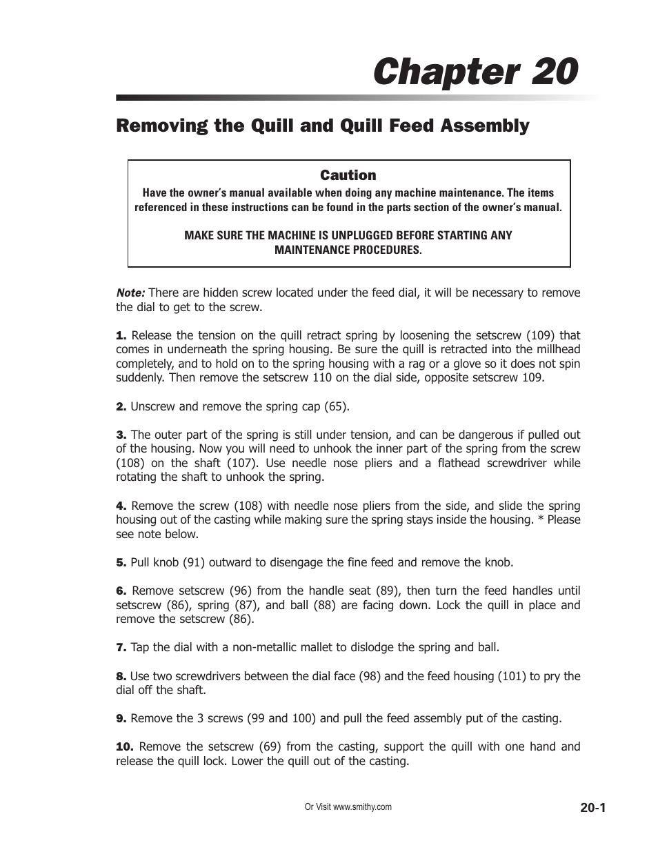 Chapter 20, Removing the quill and quill feed assembly | Smithy Midas 1220 LTD User Manual | Page 99 / 105