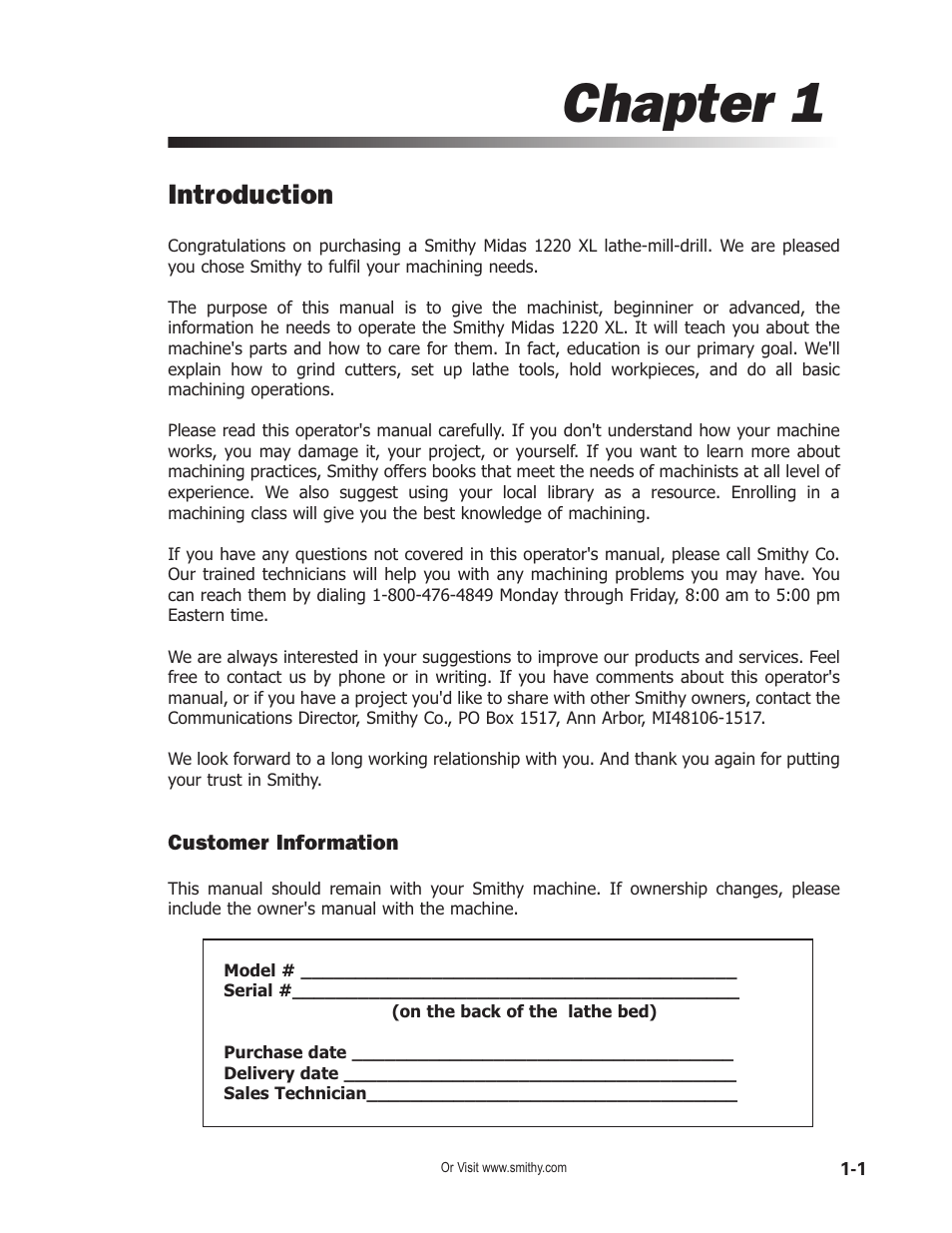 Chapter 1, Introduction | Smithy Midas 1220 XL User Manual | Page 11 / 115