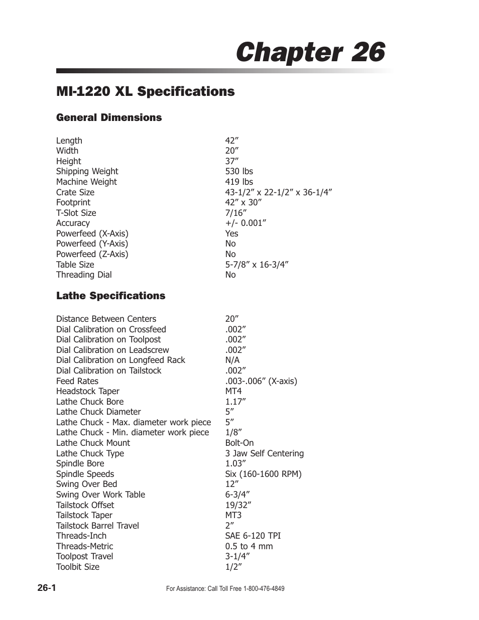 Chapter 26, Mi-1220 xl specifications | Smithy Midas 1220 XL User Manual | Page 110 / 115