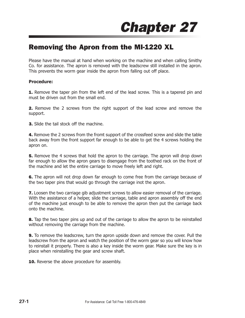 Chapter 27, Removing the apron from the mi-1220 xl | Smithy Midas 1220 XL User Manual | Page 112 / 115