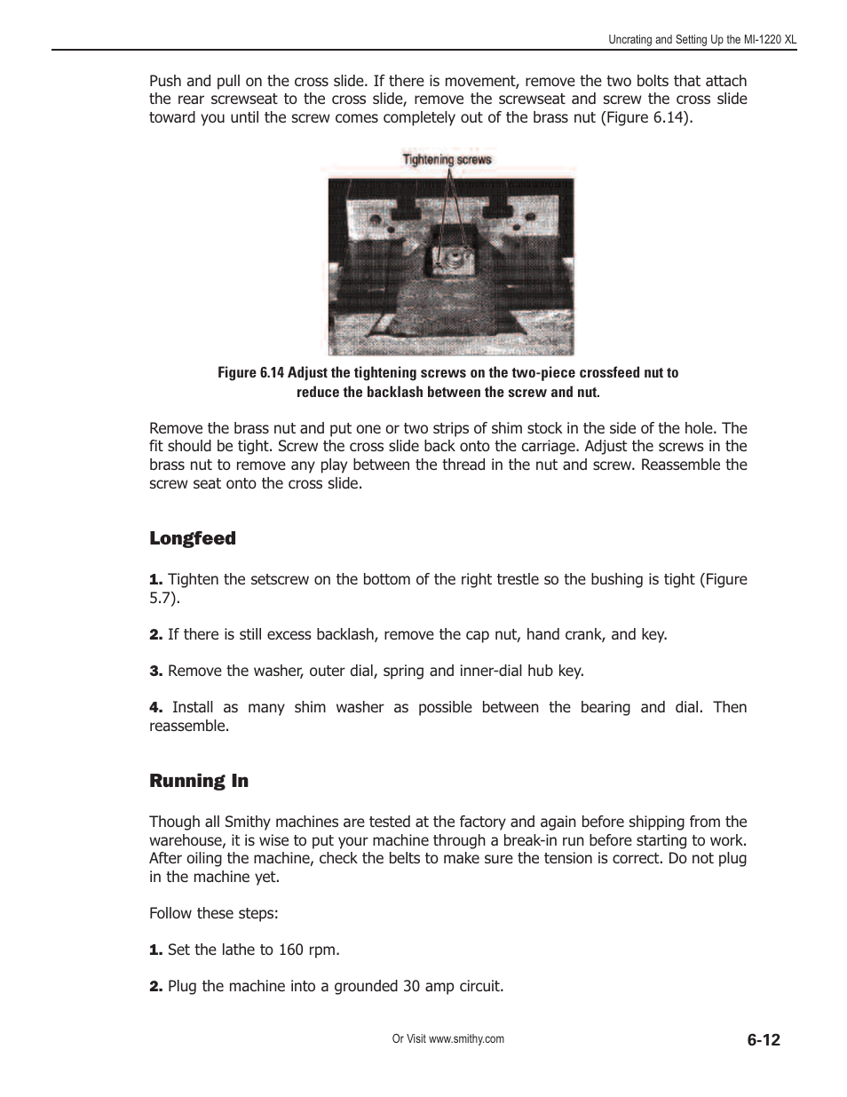 Longfeed, Running in | Smithy Midas 1220 XL User Manual | Page 33 / 115