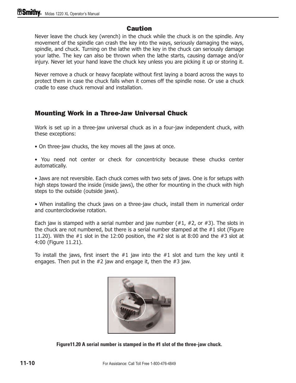 Caution, Mounting work in a three-jaw universal chuck | Smithy Midas 1220 XL User Manual | Page 60 / 115