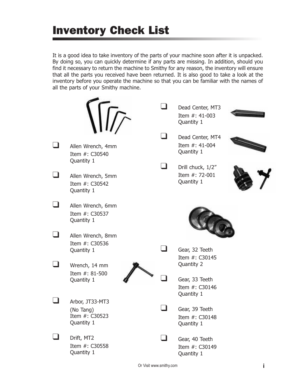 Inventory check list | Smithy Midas 1220 XL User Manual | Page 7 / 115