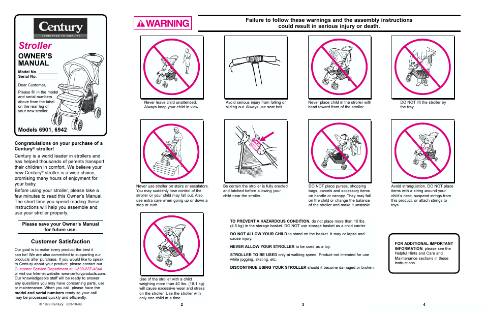 Stroller, Owners manual, Customer satisfaction | Century 6901 User Manual | Page 2 / 6