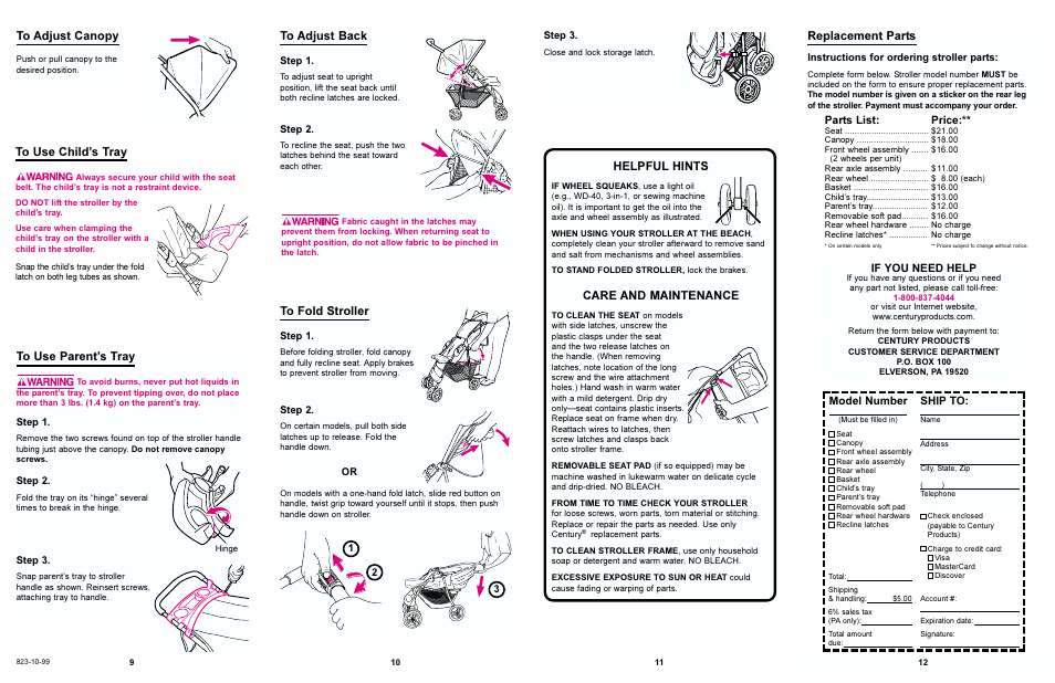 Replacement parts, Helpful hints, Care and maintenance | Model number, Ship to, Parts list, Price, If you need help | Century 6901 User Manual | Page 5 / 6
