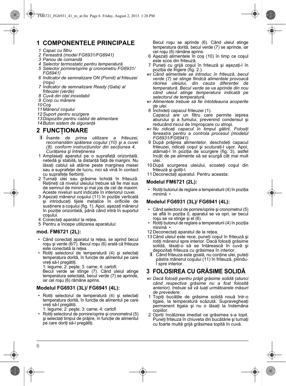 1 componentele principale, 2 funcţionare, 3 folosirea cu grăsime solidă | SOLAC FG6931 User Manual | Page 10 / 12