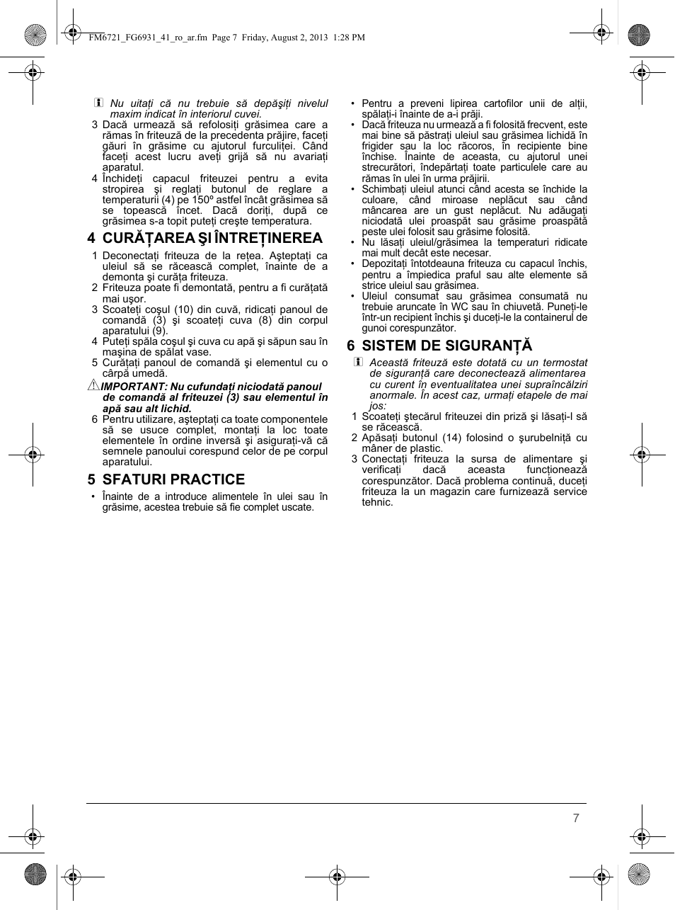 4 curăţarea şi întreţinerea, 5 sfaturi practice, 6 sistem de siguranţă | SOLAC FG6931 User Manual | Page 11 / 12