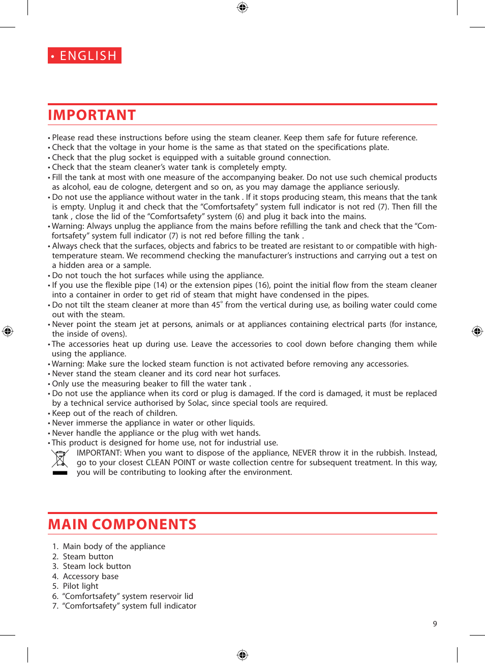 Important, Main components | SOLAC LV1450 User Manual | Page 10 / 63