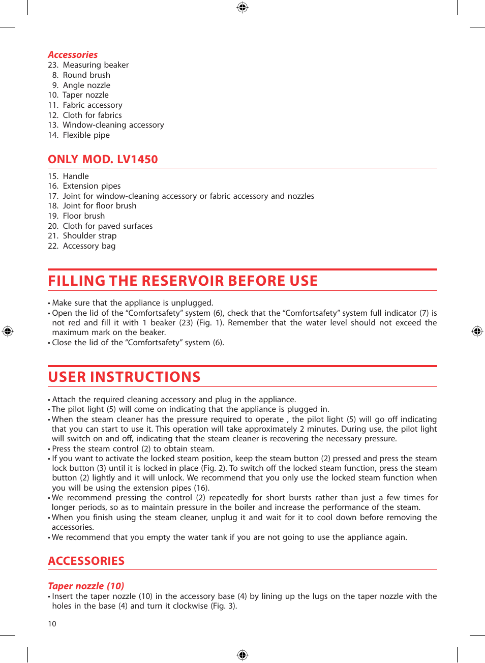 Filling the reservoir before use, User instructions, Only mod. lv1450 | Accessories | SOLAC LV1450 User Manual | Page 11 / 63