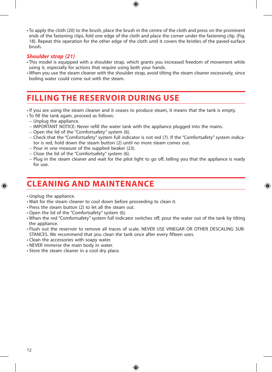 Filling the reservoir during use, Cleaning and maintenance | SOLAC LV1450 User Manual | Page 13 / 63