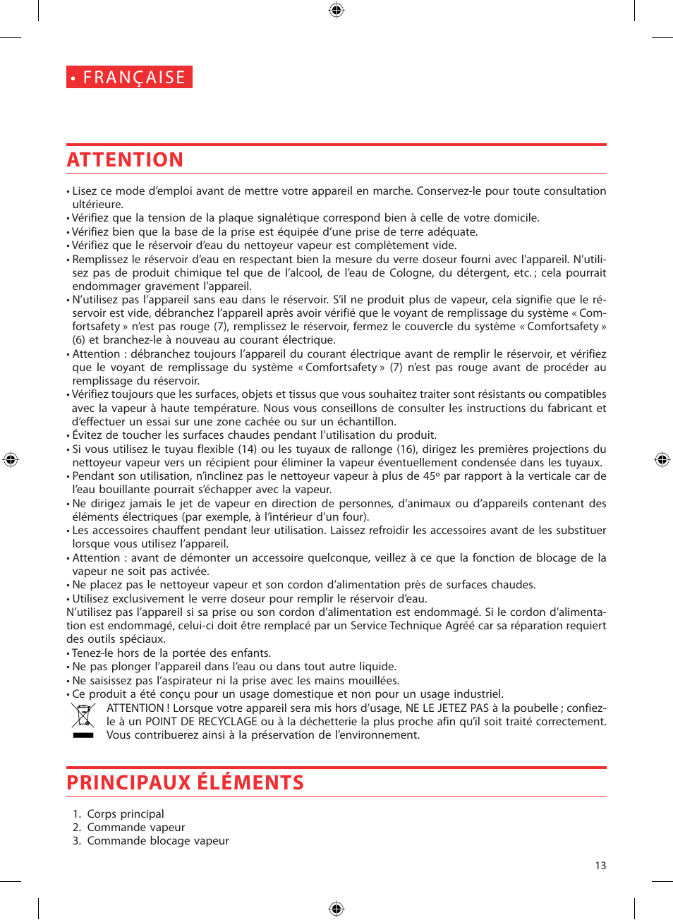 Attention, Principaux éléments | SOLAC LV1450 User Manual | Page 14 / 63