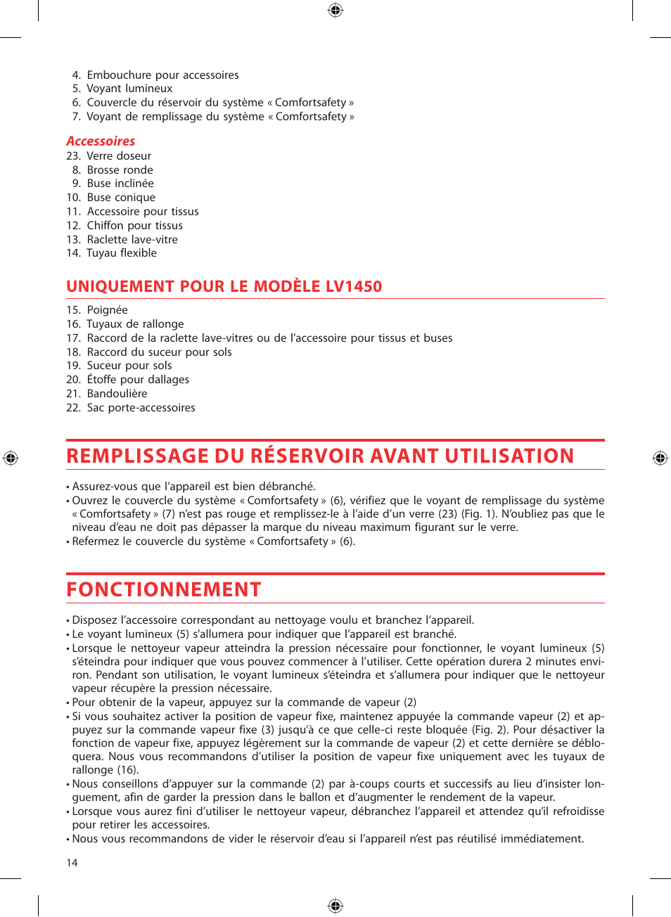 Remplissage du réservoir avant utilisation, Fonctionnement, Uniquement pour le modèle lv1450 | SOLAC LV1450 User Manual | Page 15 / 63