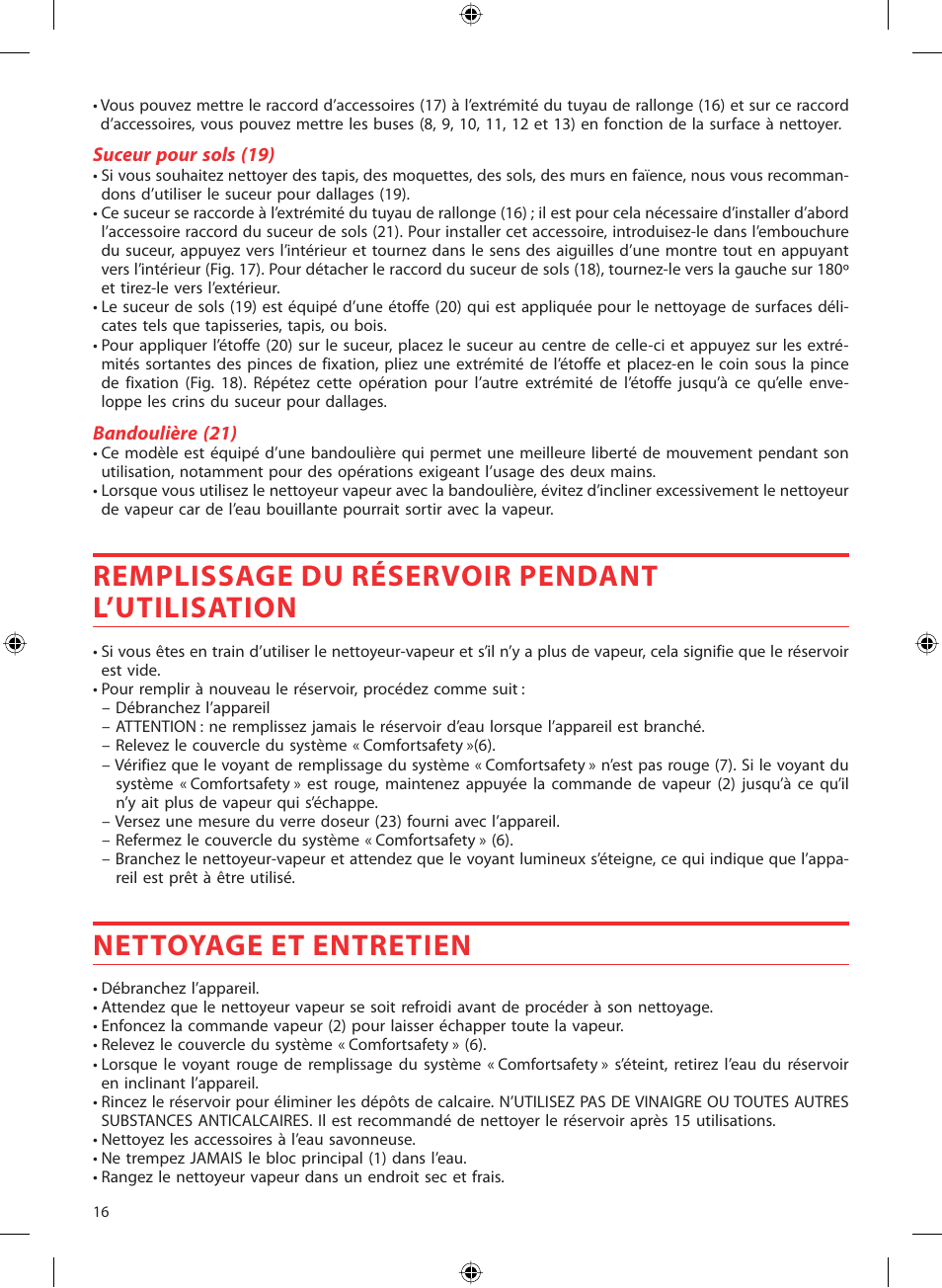 Remplissage du réservoir pendant l’utilisation, Nettoyage et entretien | SOLAC LV1450 User Manual | Page 17 / 63
