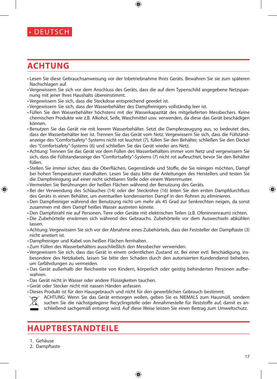 Achtung, Hauptbestandteile | SOLAC LV1450 User Manual | Page 18 / 63