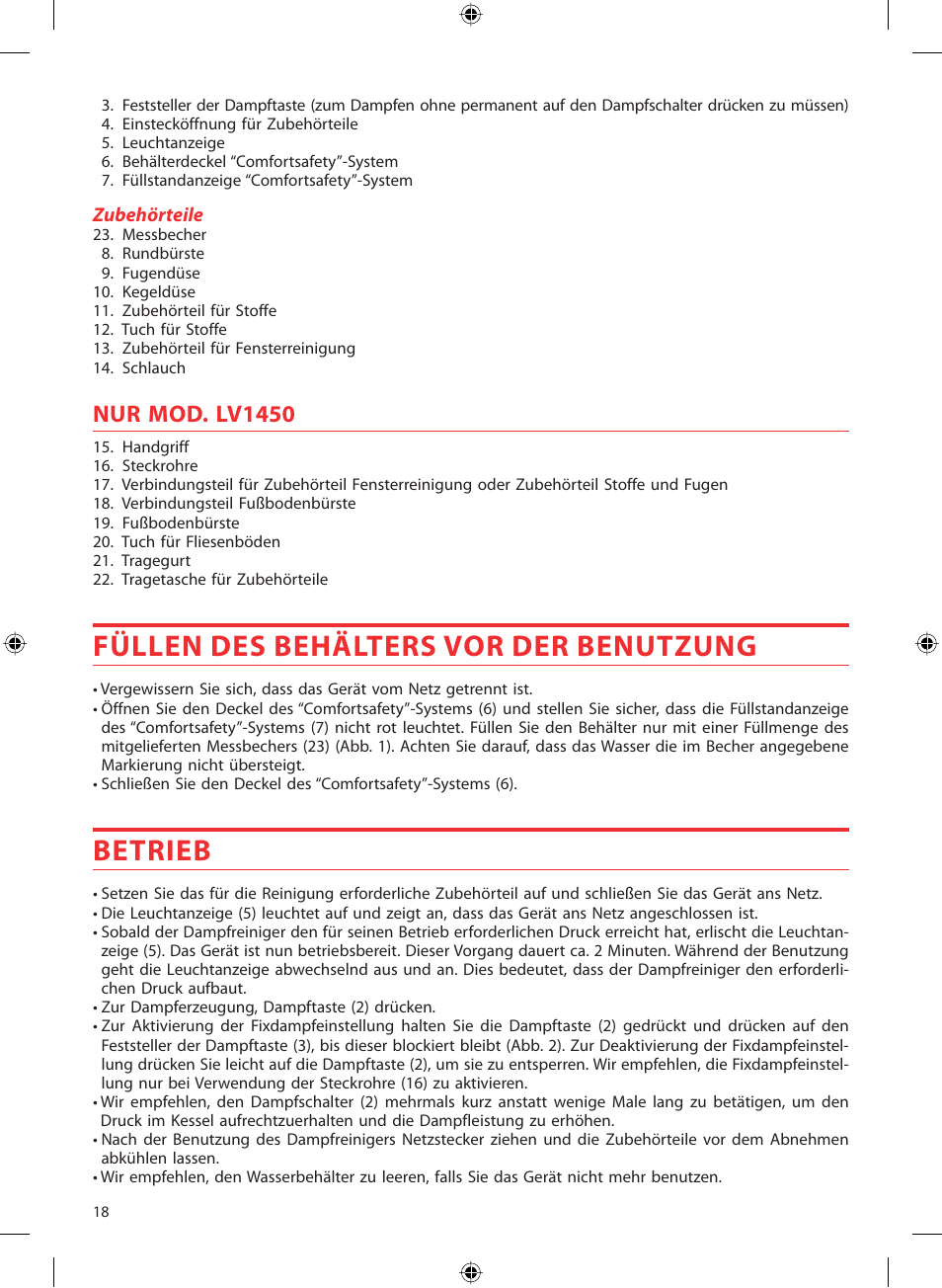 Füllen des behälters vor der benutzung, Betrieb, Nur mod. lv1450 | SOLAC LV1450 User Manual | Page 19 / 63