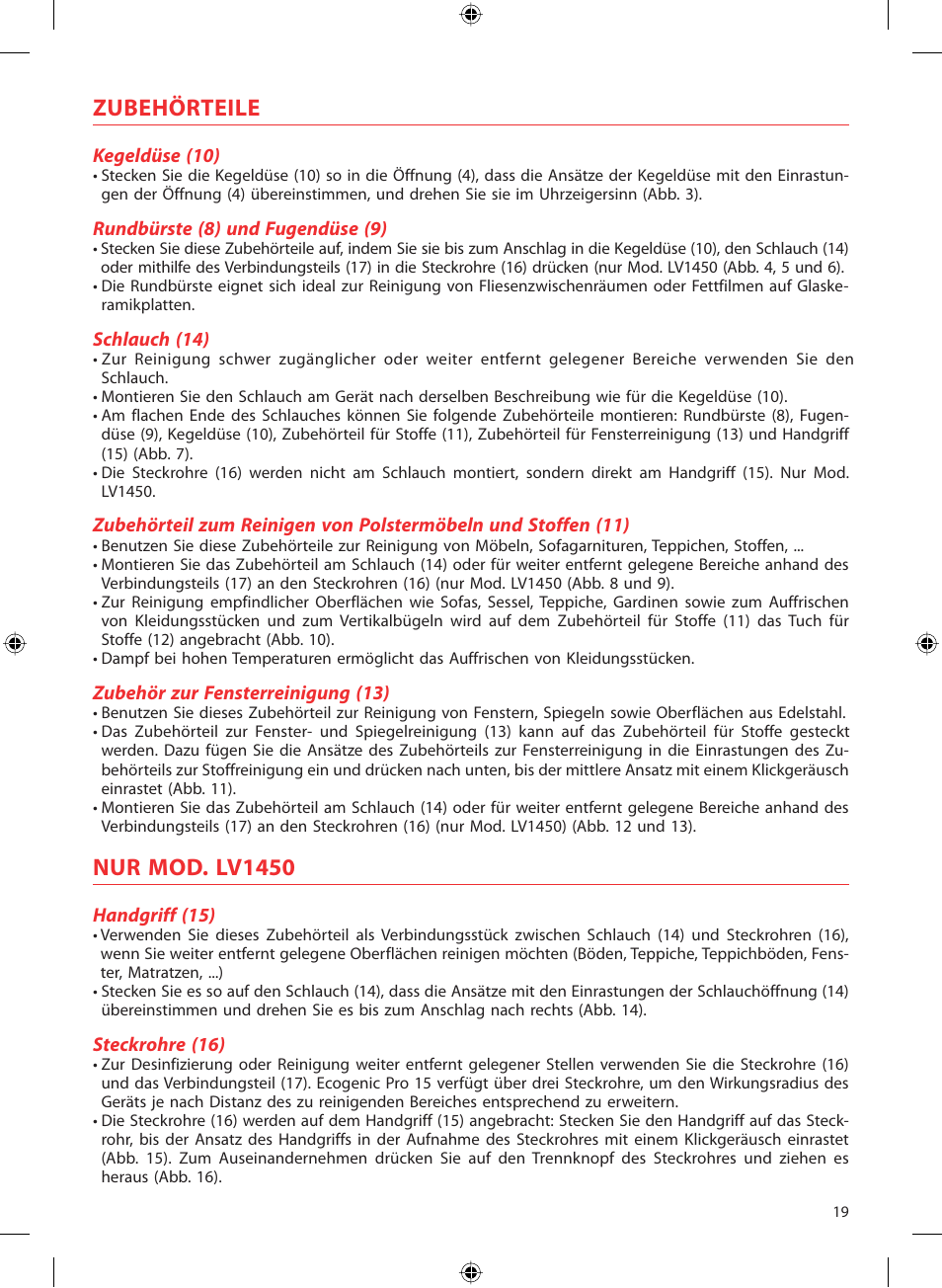Zubehörteile, Nur mod. lv1450 | SOLAC LV1450 User Manual | Page 20 / 63