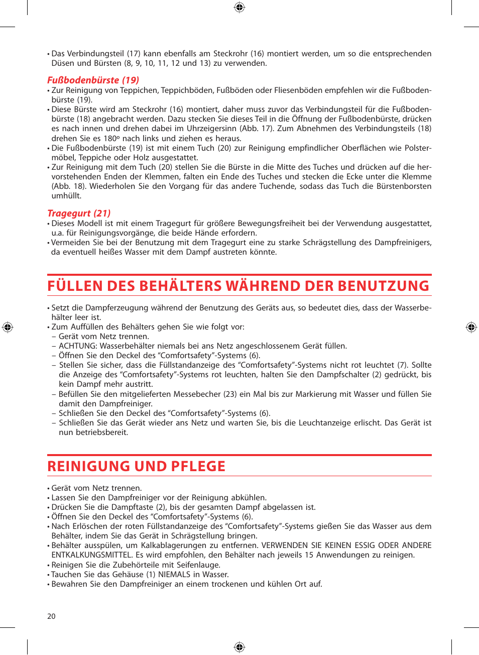 Füllen des behälters während der benutzung, Reinigung und pflege | SOLAC LV1450 User Manual | Page 21 / 63