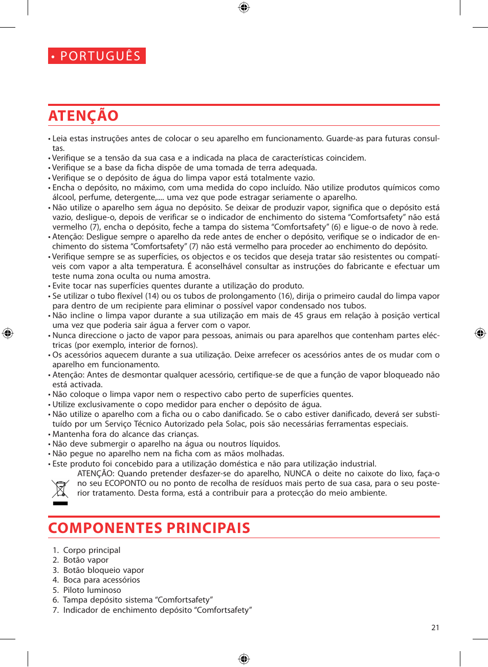 Atenção, Componentes principais | SOLAC LV1450 User Manual | Page 22 / 63