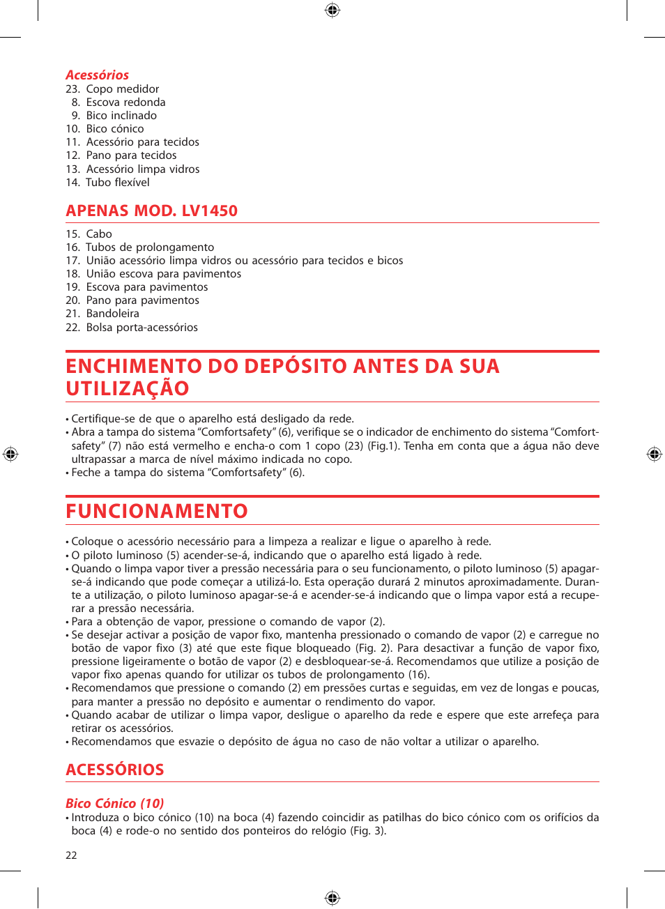 Enchimento do depósito antes da sua utilização, Funcionamento, Apenas mod. lv1450 | Acessórios | SOLAC LV1450 User Manual | Page 23 / 63