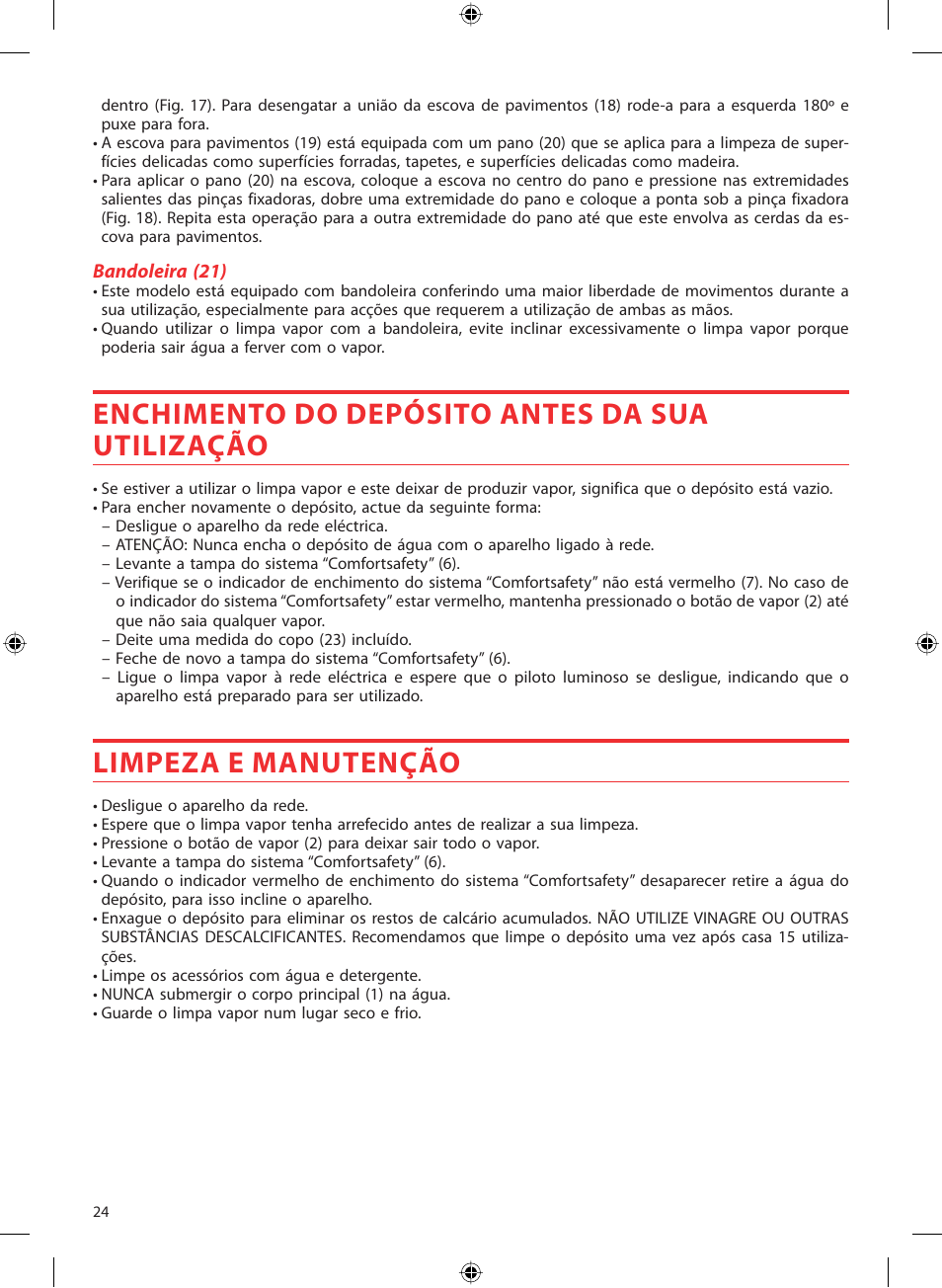 Enchimento do depósito antes da sua utilização, Limpeza e manutenção | SOLAC LV1450 User Manual | Page 25 / 63