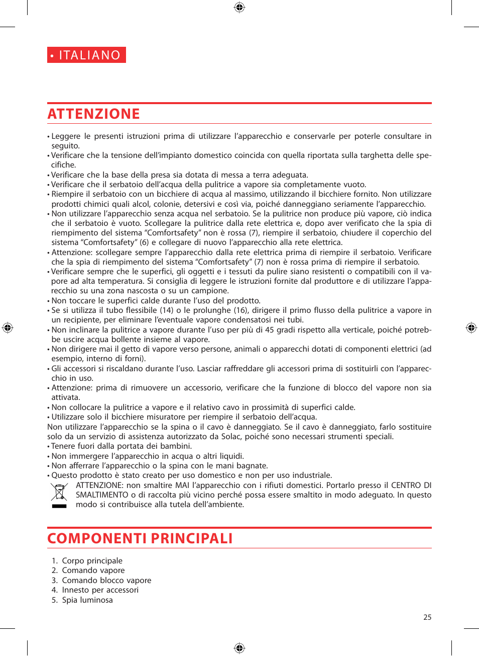 Attenzione, Componenti principali | SOLAC LV1450 User Manual | Page 26 / 63