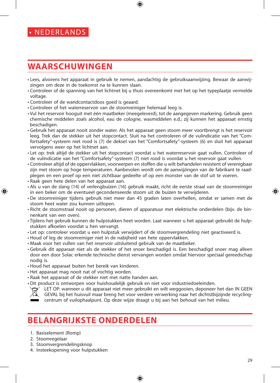 Waarschuwingen, Belangrijkste onderdelen | SOLAC LV1450 User Manual | Page 30 / 63