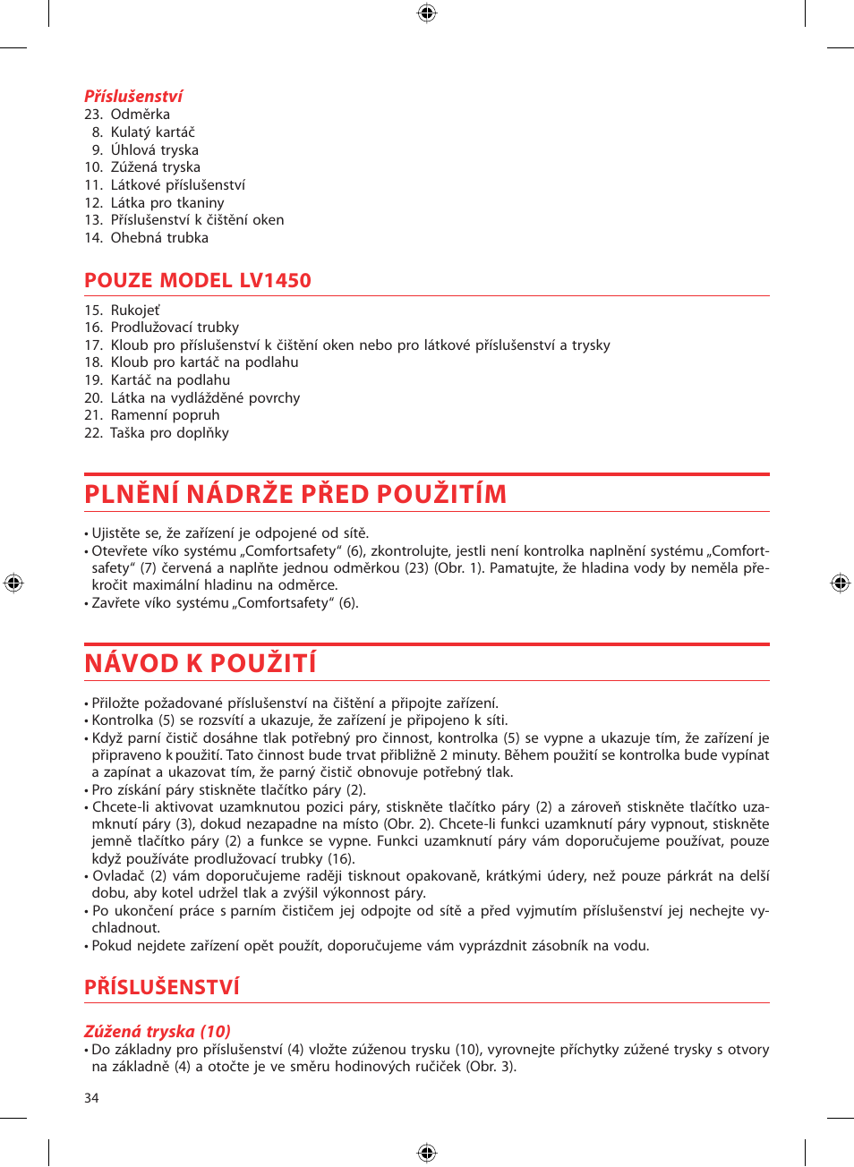 Plnění nádrže před použitím, Návod k použití, Pouze model lv1450 | Příslušenství | SOLAC LV1450 User Manual | Page 35 / 63