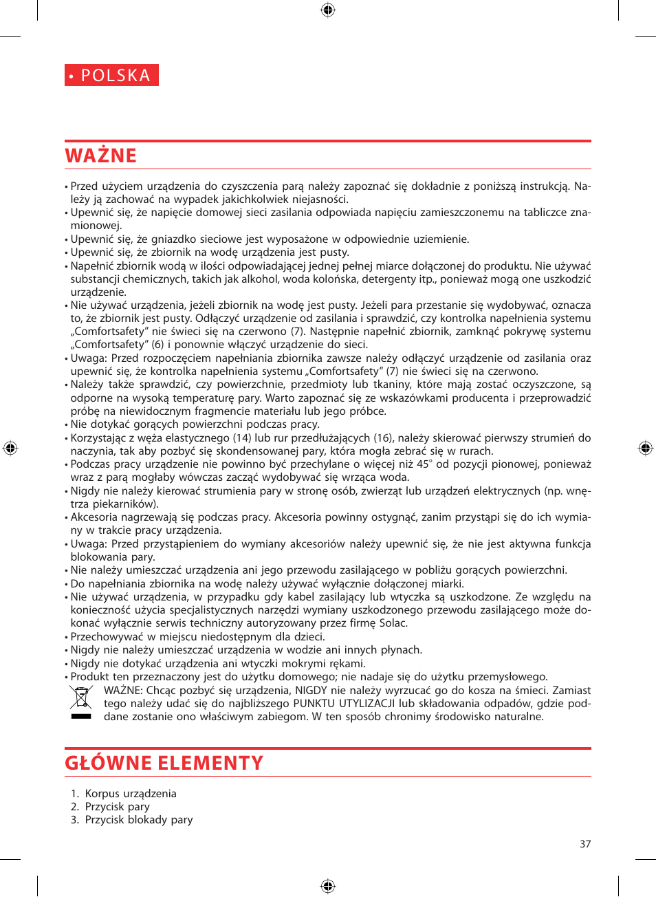 Ważne, Główne elementy | SOLAC LV1450 User Manual | Page 38 / 63