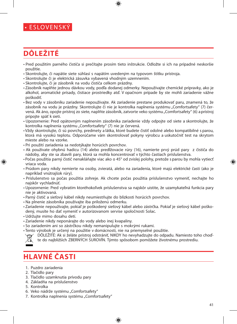 Dôležité, Hlavné časti | SOLAC LV1450 User Manual | Page 42 / 63