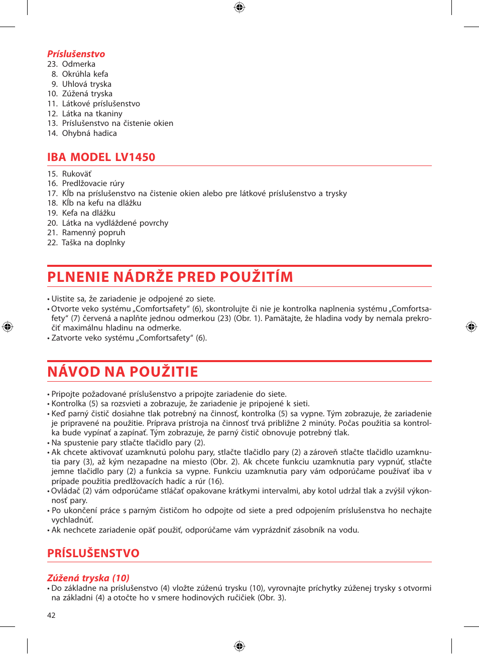 Plnenie nádrže pred použitím, Návod na použitie, Iba model lv1450 | Príslušenstvo | SOLAC LV1450 User Manual | Page 43 / 63