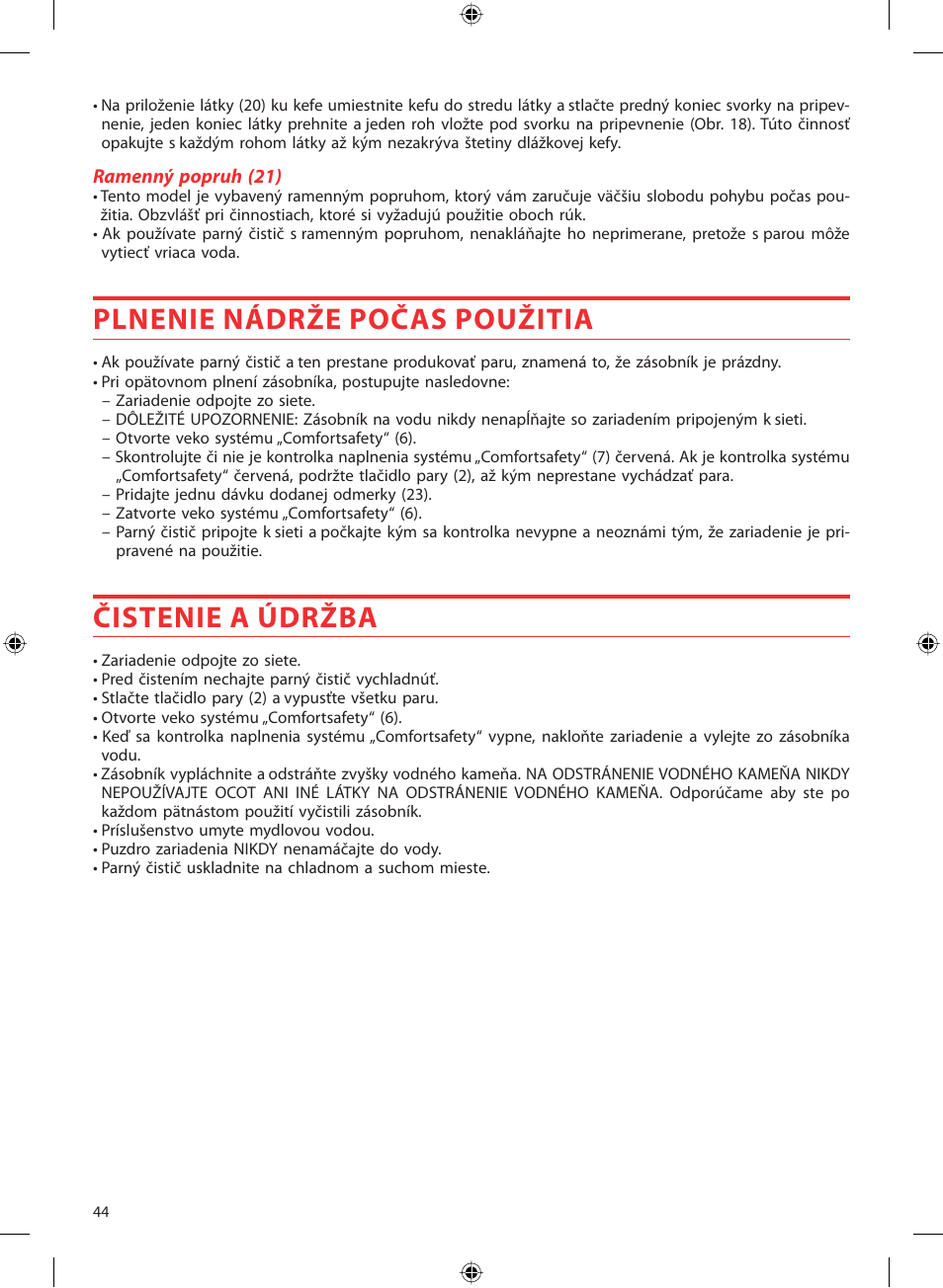 Plnenie nádrže počas použitia, Čistenie a údržba | SOLAC LV1450 User Manual | Page 45 / 63
