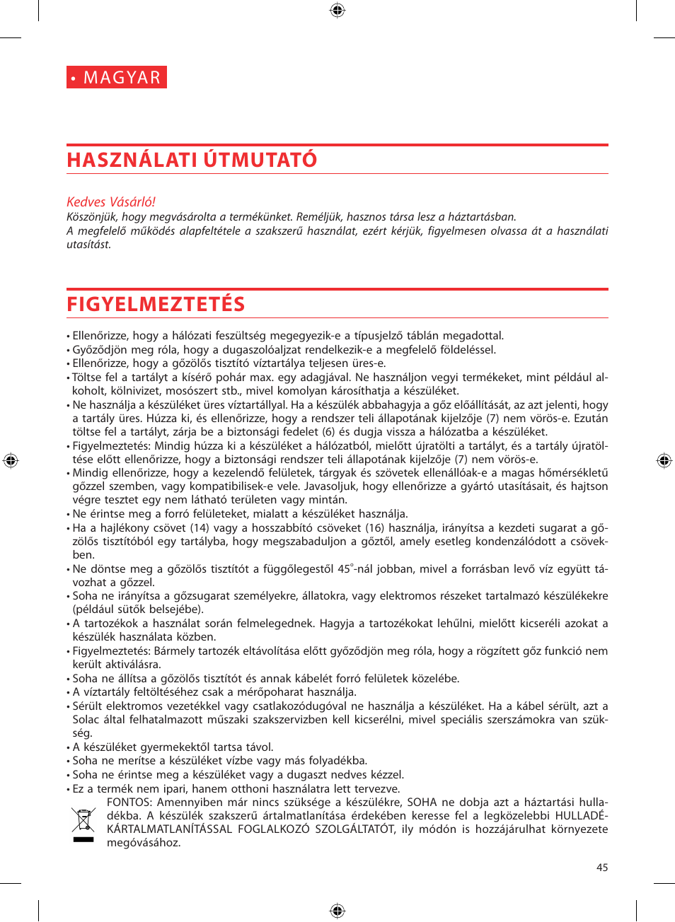 Használati útmutató, Figyelmeztetés, Mag ya r | SOLAC LV1450 User Manual | Page 46 / 63