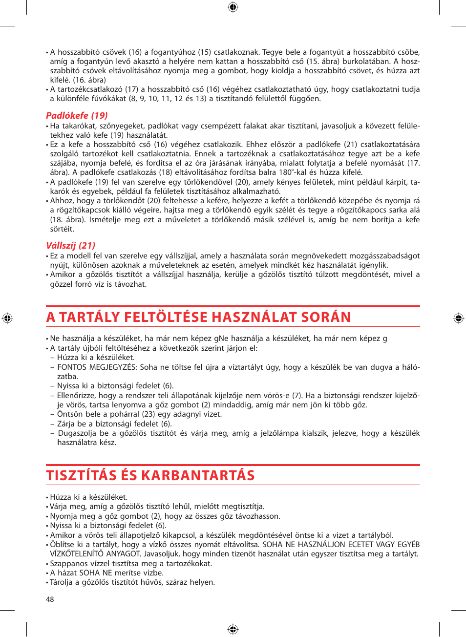 A tartály feltöltése használat során, Tisztítás és karbantartás | SOLAC LV1450 User Manual | Page 49 / 63