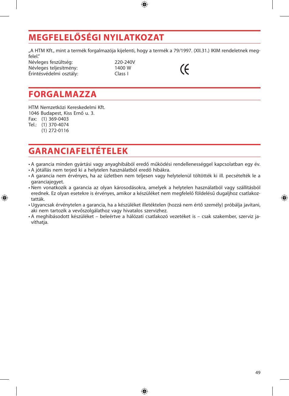 Megfelelőségi nyilatkozat, Forgalmazza, Garanciafeltételek | SOLAC LV1450 User Manual | Page 50 / 63