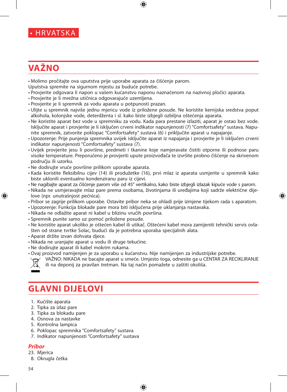Važno, Glavni dijelovi, H r vat s k a | SOLAC LV1450 User Manual | Page 55 / 63