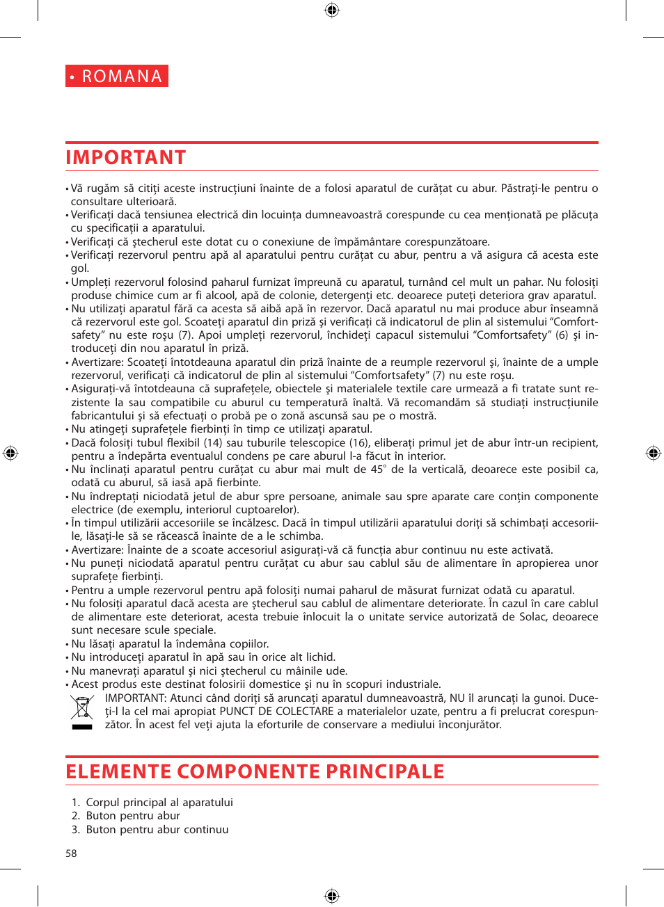 Important, Elemente componente principale, R o ma n a | SOLAC LV1450 User Manual | Page 59 / 63