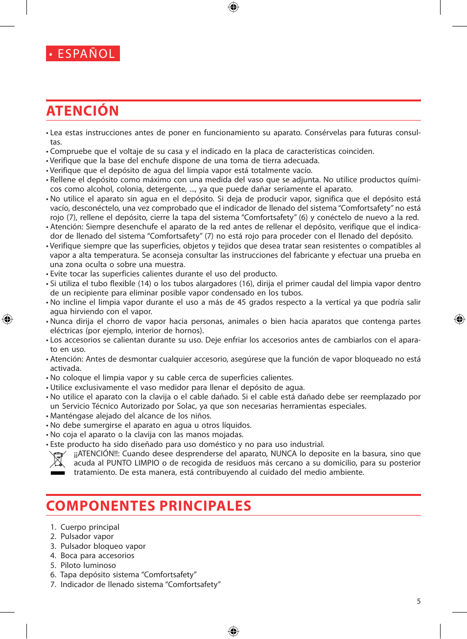 Atención, Componentes principales, E s pa ñ o l | SOLAC LV1450 User Manual | Page 6 / 63