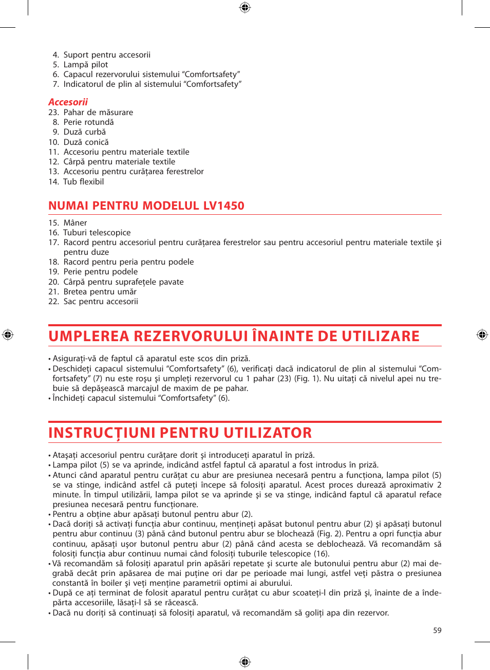 Umplerea rezervorului înainte de utilizare, Instrucţiuni pentru utilizator, Numai pentru modelul lv1450 | SOLAC LV1450 User Manual | Page 60 / 63
