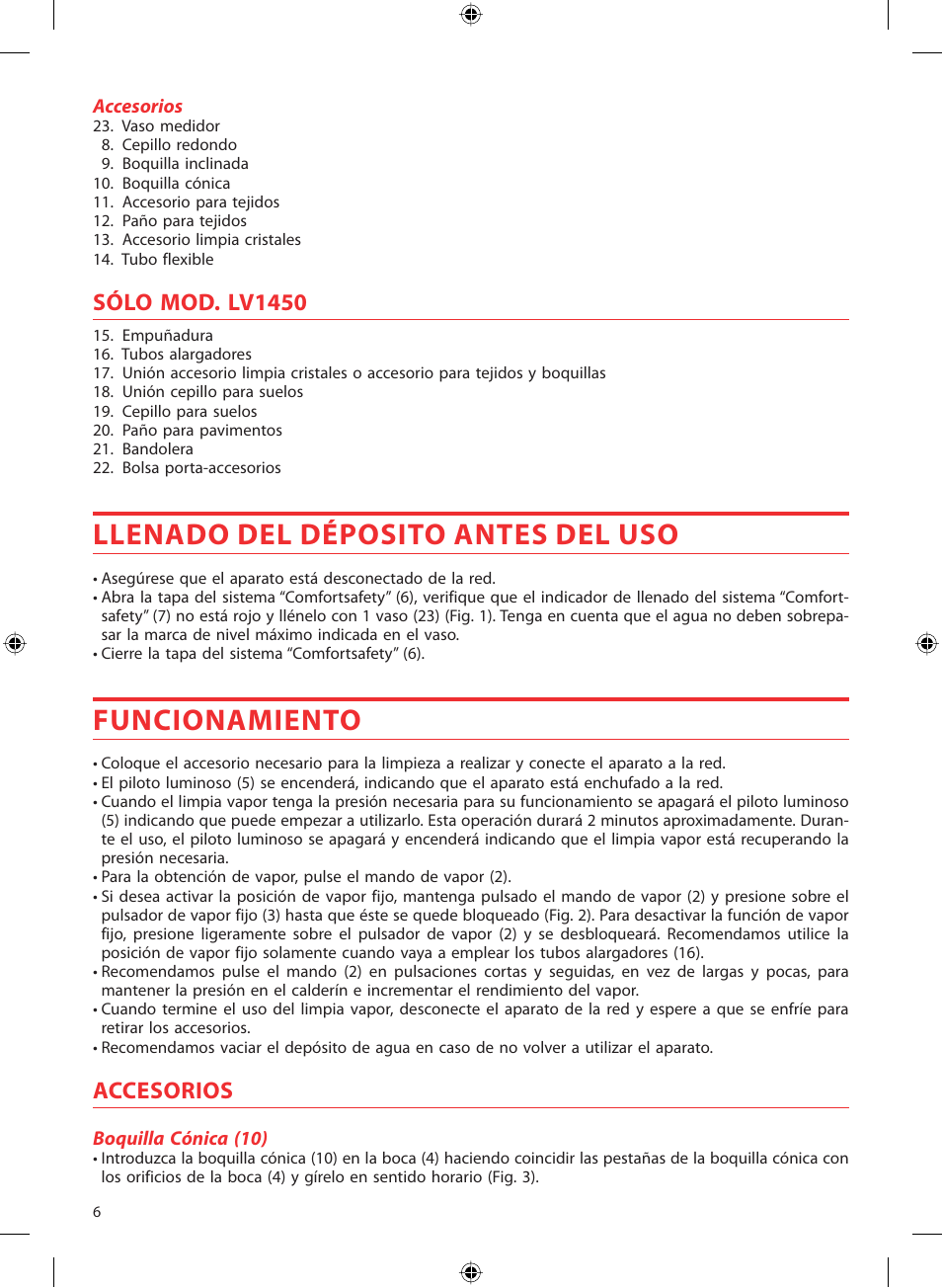 Llenado del déposito antes del uso, Funcionamiento, Sólo mod. lv1450 | Accesorios | SOLAC LV1450 User Manual | Page 7 / 63