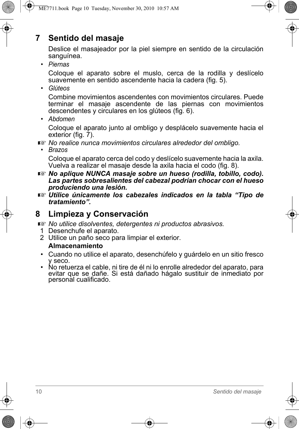 7 sentido del masaje, 8 limpieza y conservación | SOLAC ME7711 User Manual | Page 10 / 48