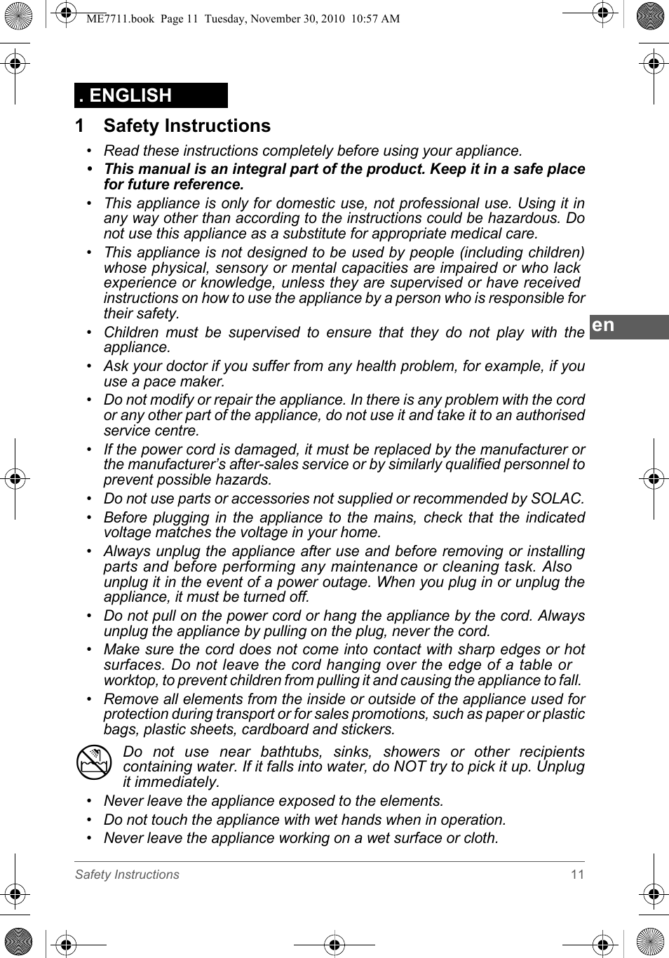 1 safety instructions, English | SOLAC ME7711 User Manual | Page 11 / 48