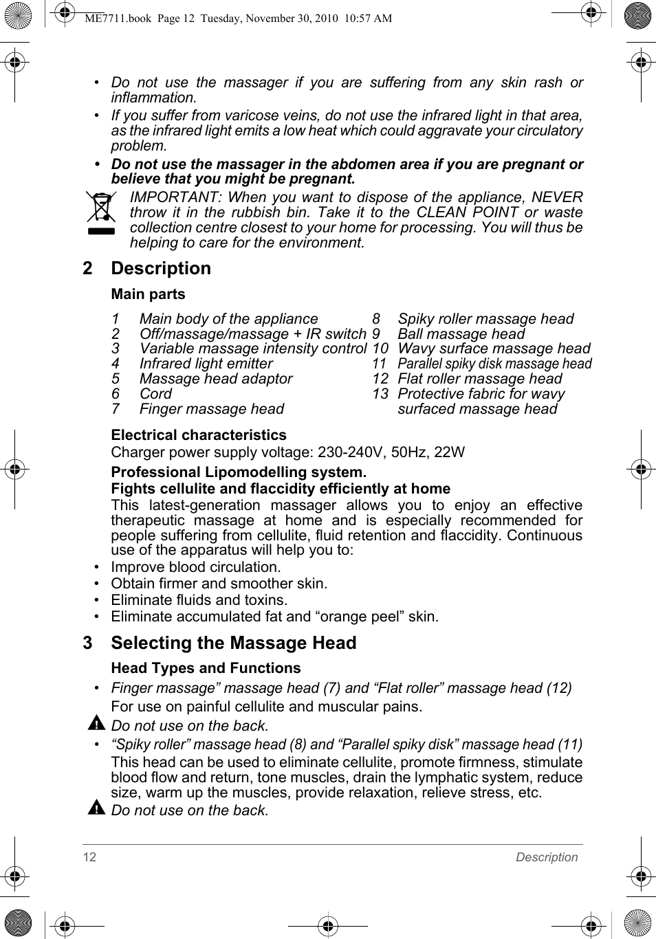 2 description, 3 selecting the massage head | SOLAC ME7711 User Manual | Page 12 / 48