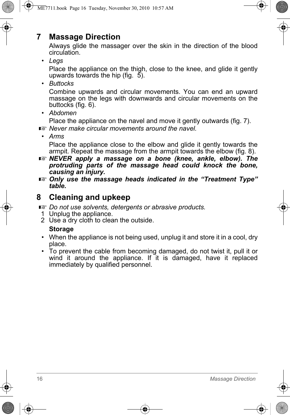 7 massage direction, 8 cleaning and upkeep | SOLAC ME7711 User Manual | Page 16 / 48