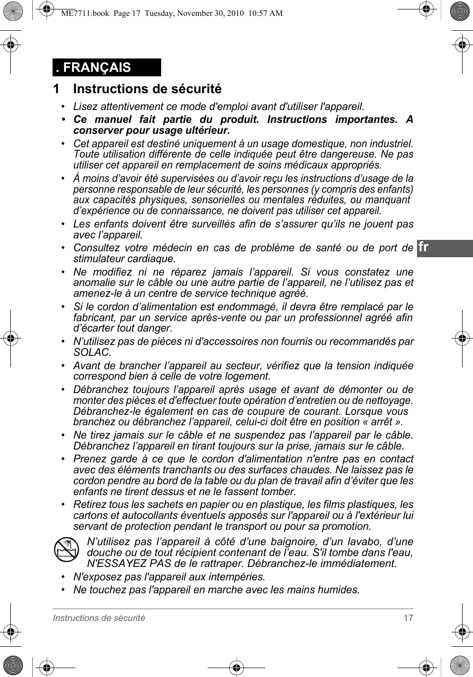 1 instructions de sécurité, Français | SOLAC ME7711 User Manual | Page 17 / 48