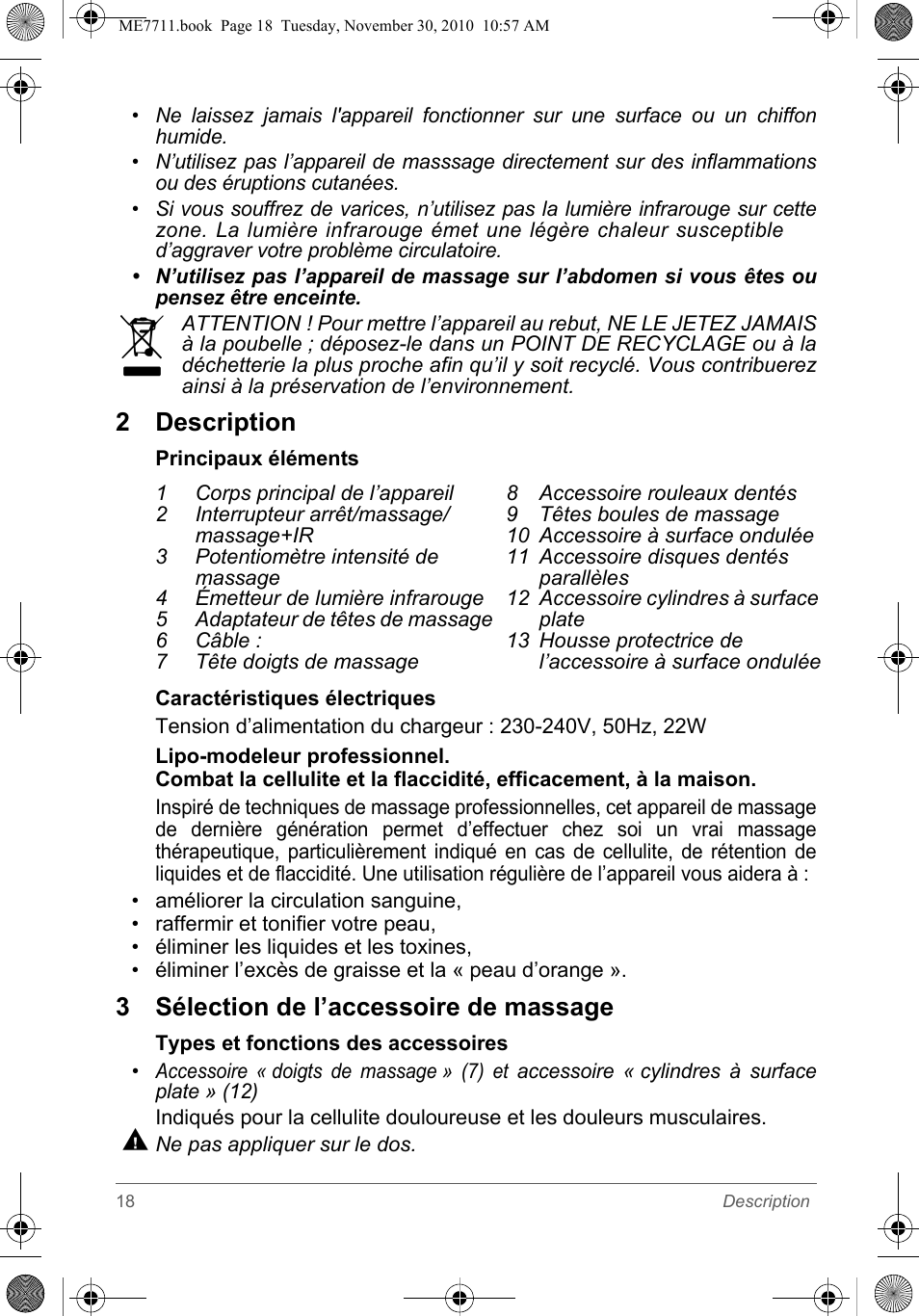 2 description, 3 sélection de l’accessoire de massage | SOLAC ME7711 User Manual | Page 18 / 48