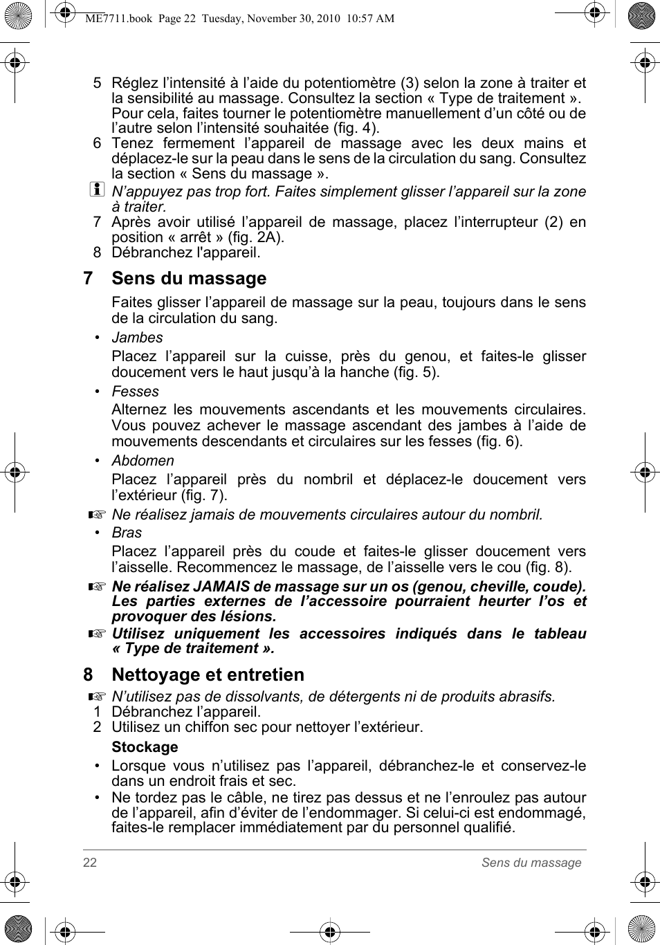 7 sens du massage, 8 nettoyage et entretien | SOLAC ME7711 User Manual | Page 22 / 48